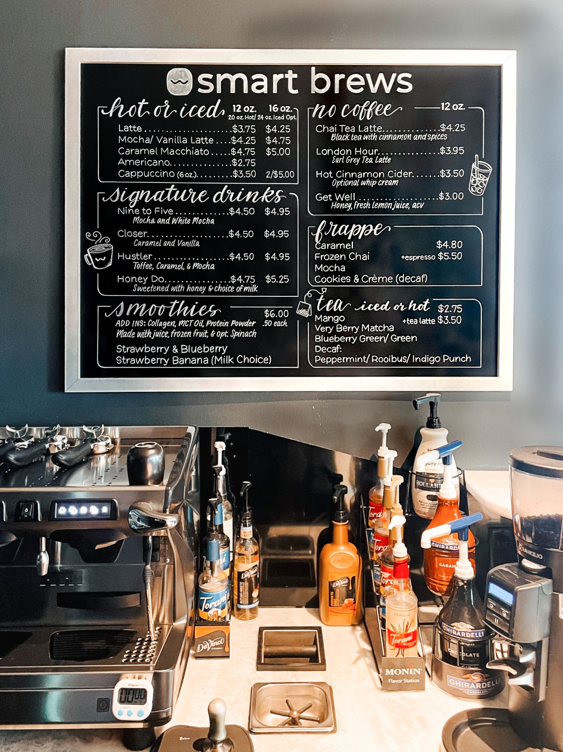 Smart Brews hand-lettered menu board by Audrey by Design