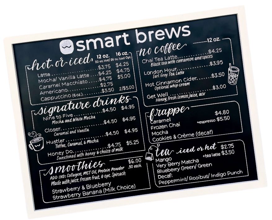 Smart Brews hand-lettered menu board by Audrey by Design